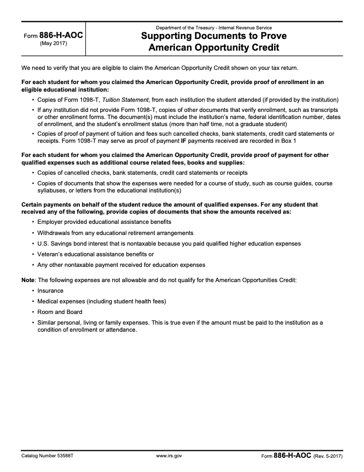 Page 1 of 1 of the official IRS Form 886‑H‑AOC PDF (Rev. May 2017)