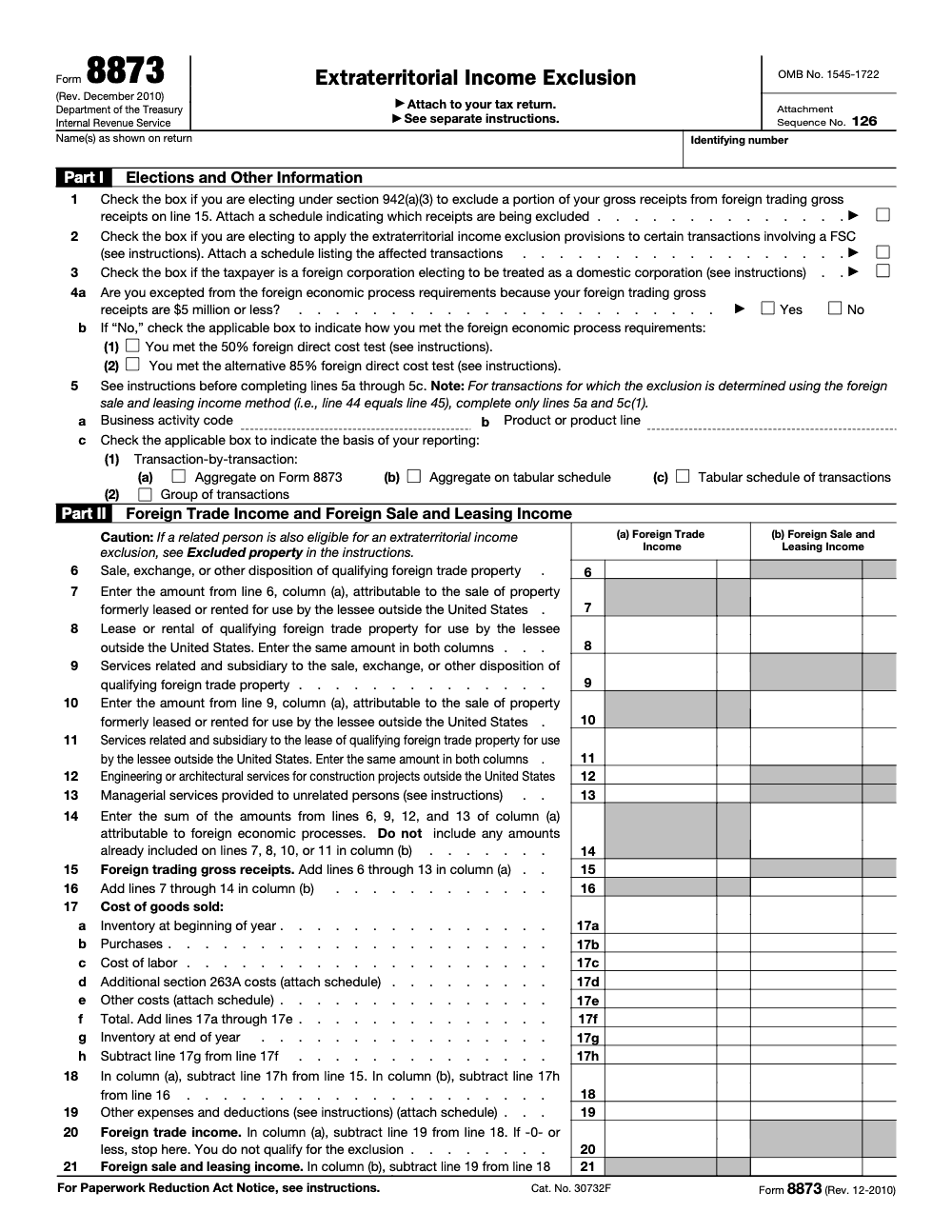 Page 1 of 2 of the official IRS Form 8873 PDF (Rev. December 2010): Parts I, II