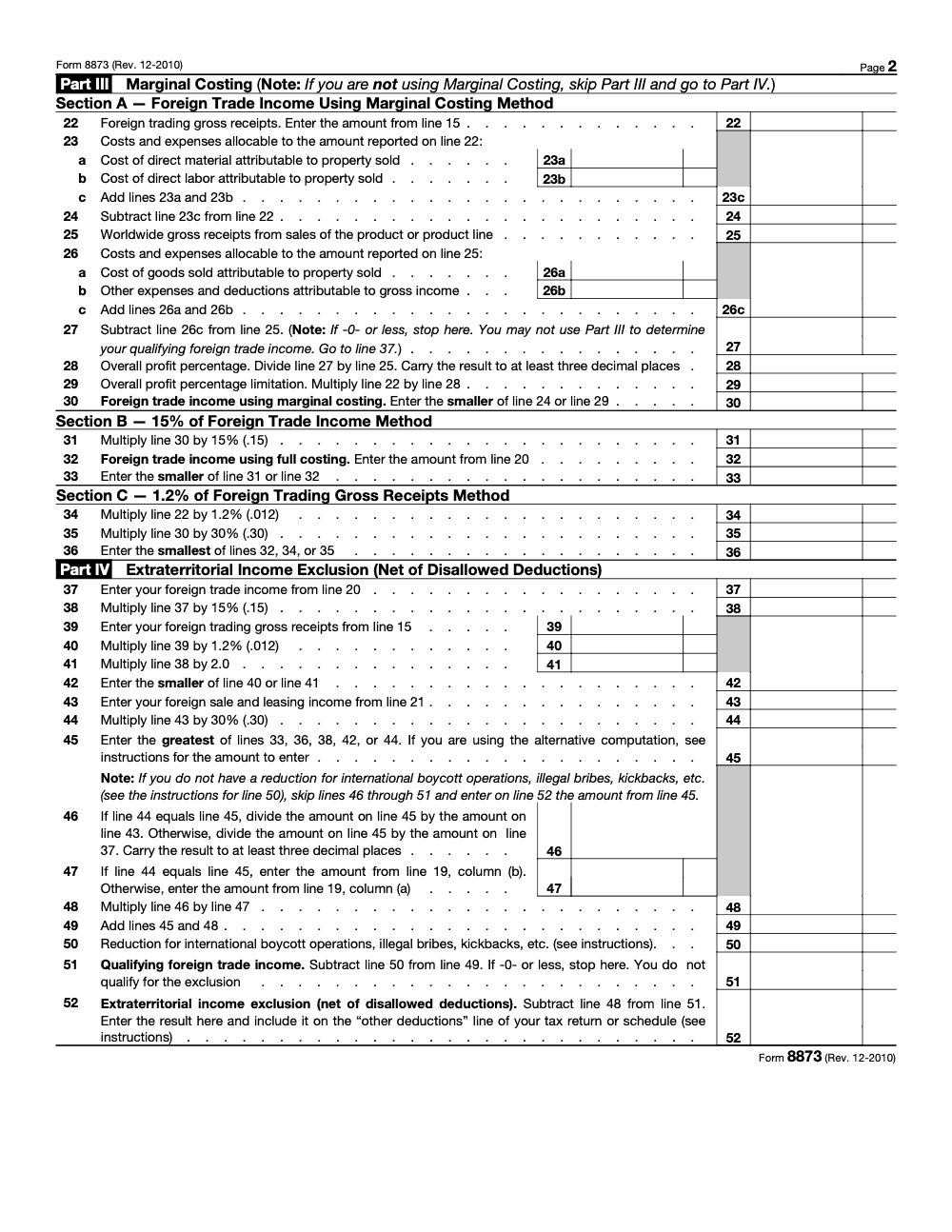 Page 2 of 2 of the official IRS Form 8873 PDF (Rev. December 2010): Parts III, IV