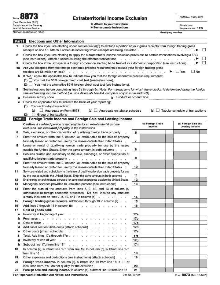 Page 1 of 2 of the official IRS Form 8873 PDF (Rev. December 2010): Parts I, II