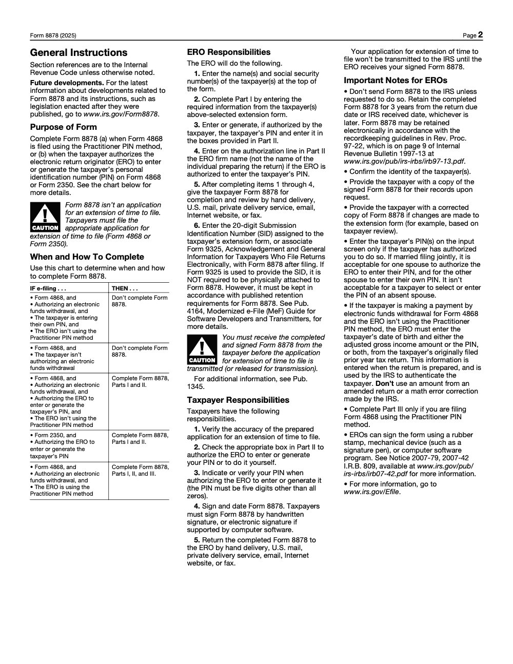 Page 2 of 2 of the official IRS Form 8878 PDF (2025 edition): Parts I, II; instructions