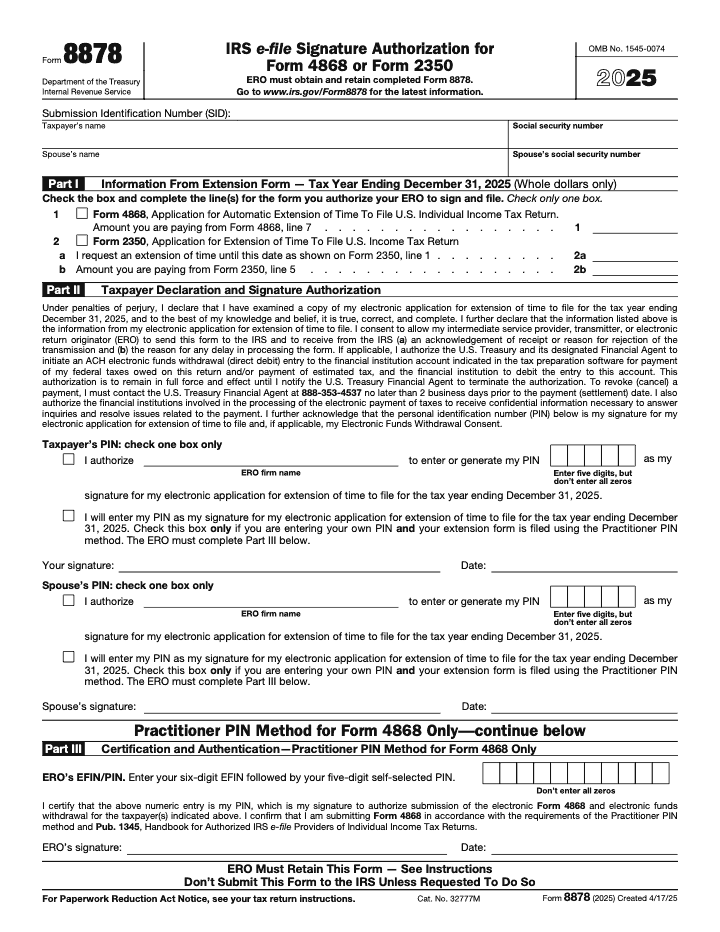 Page 1 of 2 of the official IRS Form 8878 PDF (2025 edition): Parts I, II
