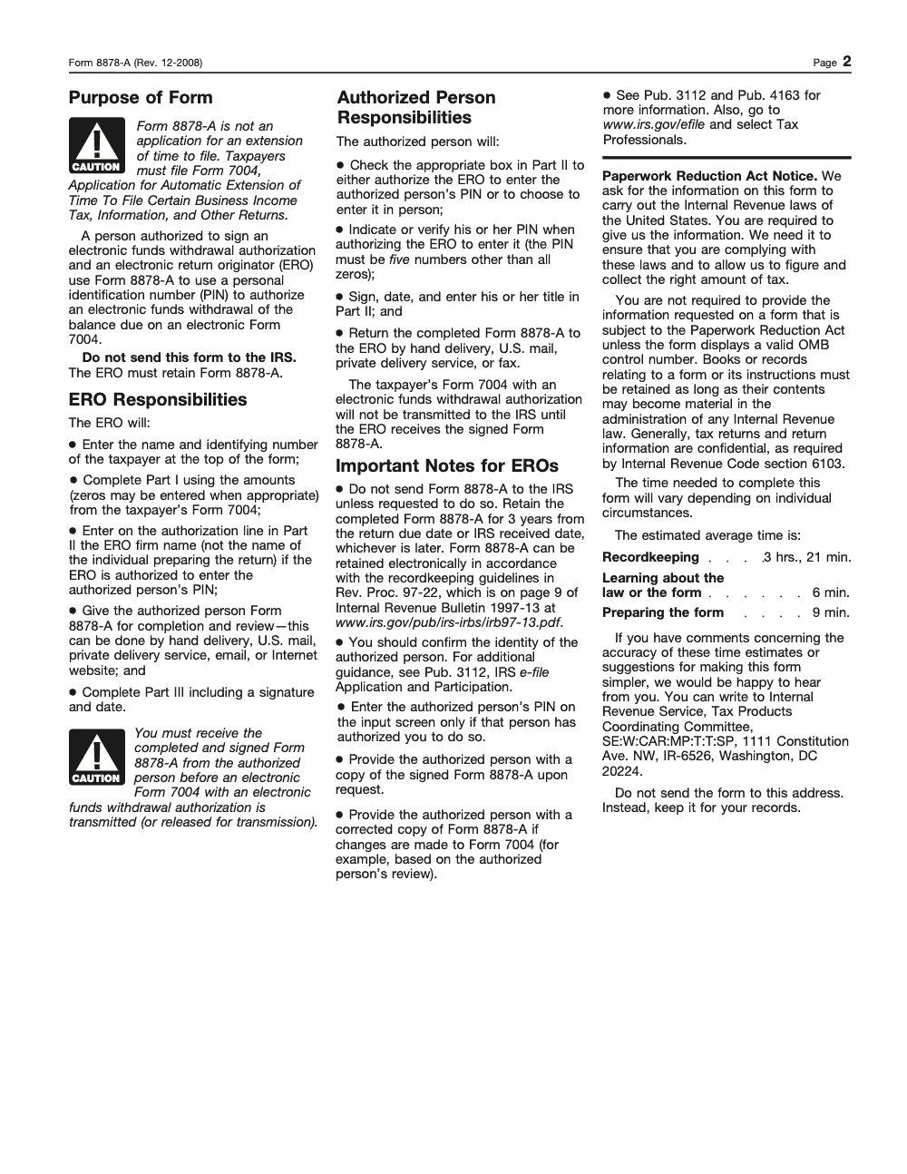 Page 2 of 2 of the official IRS Form 8878-A PDF (Rev. December 2008): Parts I, III, II