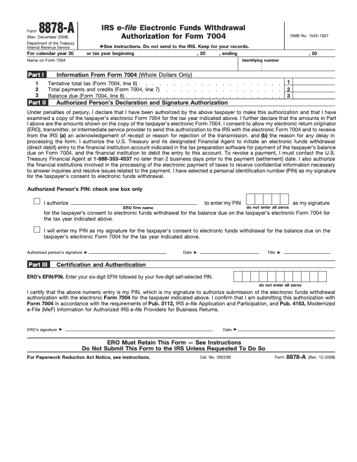 Page 1 of 2 of the official IRS Form 8878-A PDF (Rev. December 2008): Parts I, II