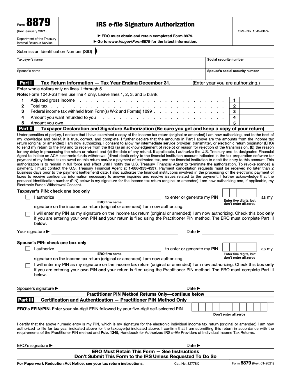 Page 1 of 2 of the official IRS Form 8879 PDF (Rev. January 2021): Parts I, II