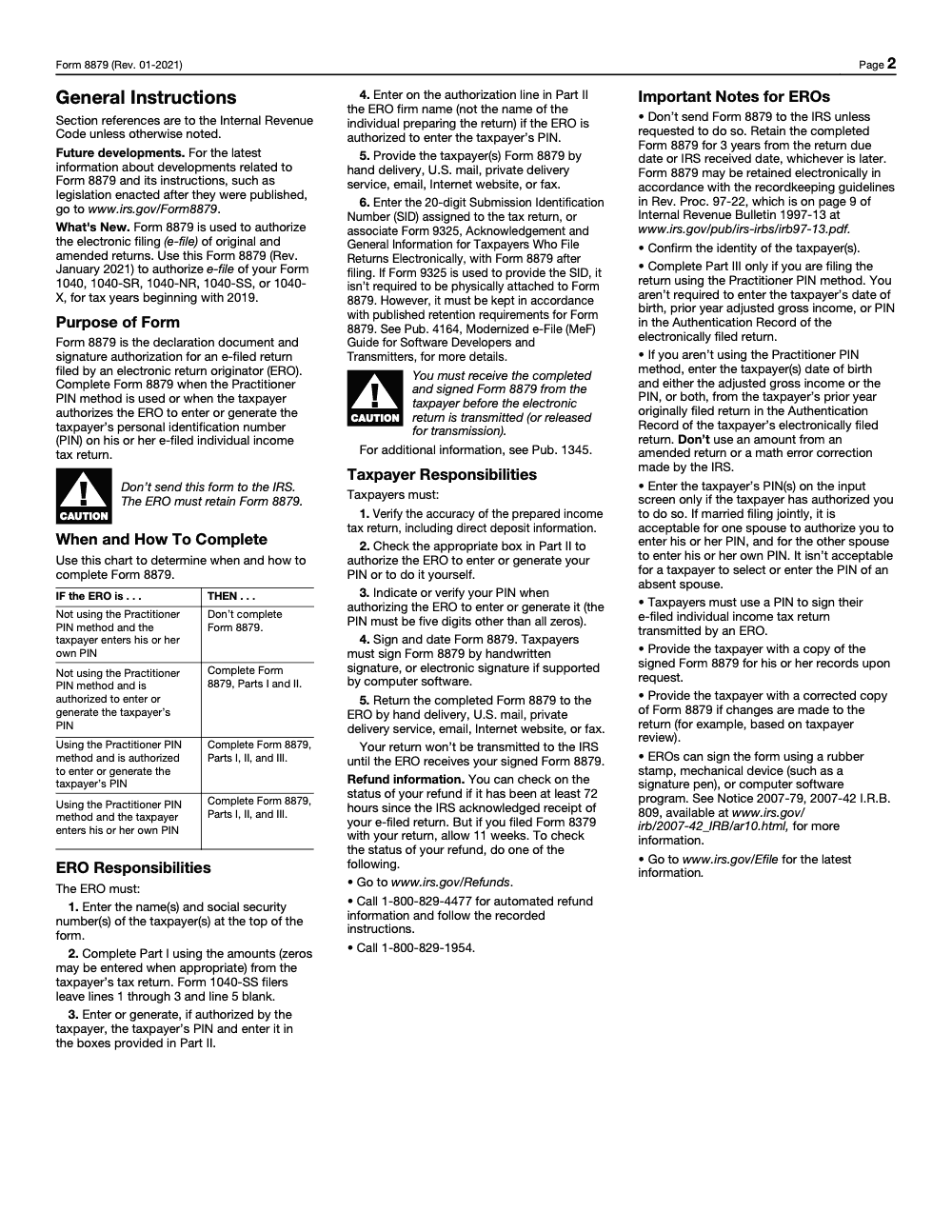 Page 2 of 2 of the official IRS Form 8879 PDF (Rev. January 2021): Parts I, II; instructions