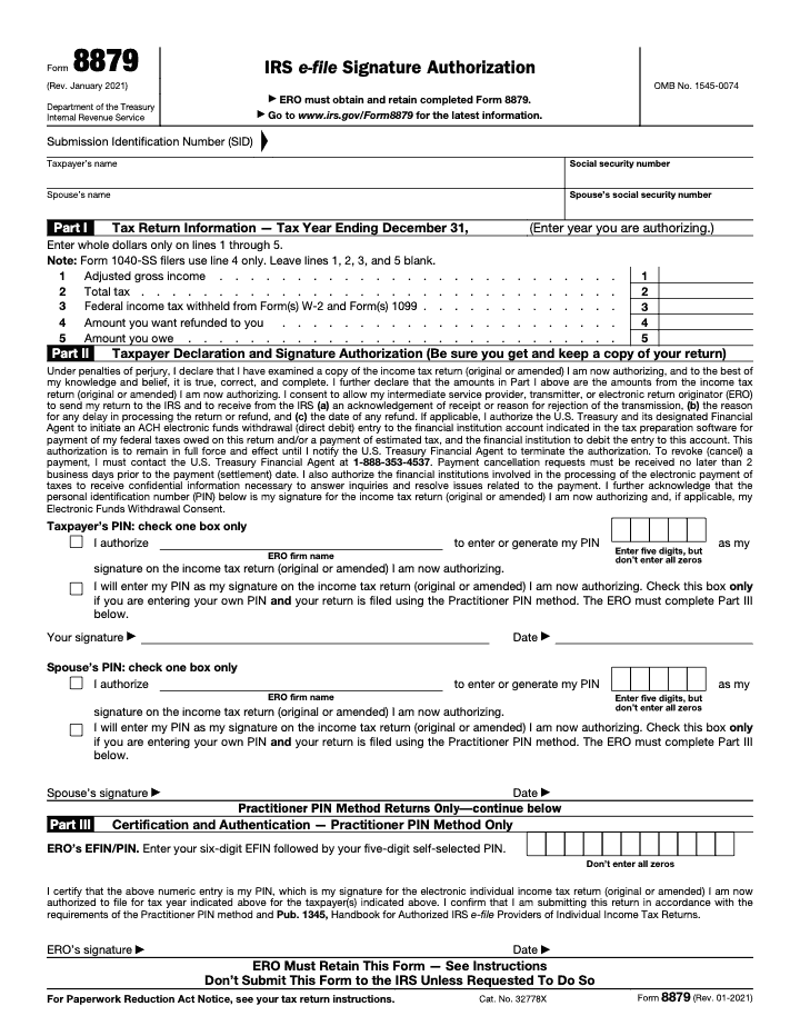 Page 1 of 2 of the official IRS Form 8879 PDF (Rev. January 2021): Parts I, II