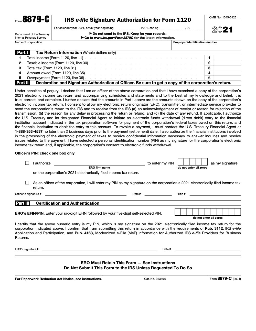 Page 1 of 2 of the official IRS Form 8879-C PDF (2021 edition): Parts I, II