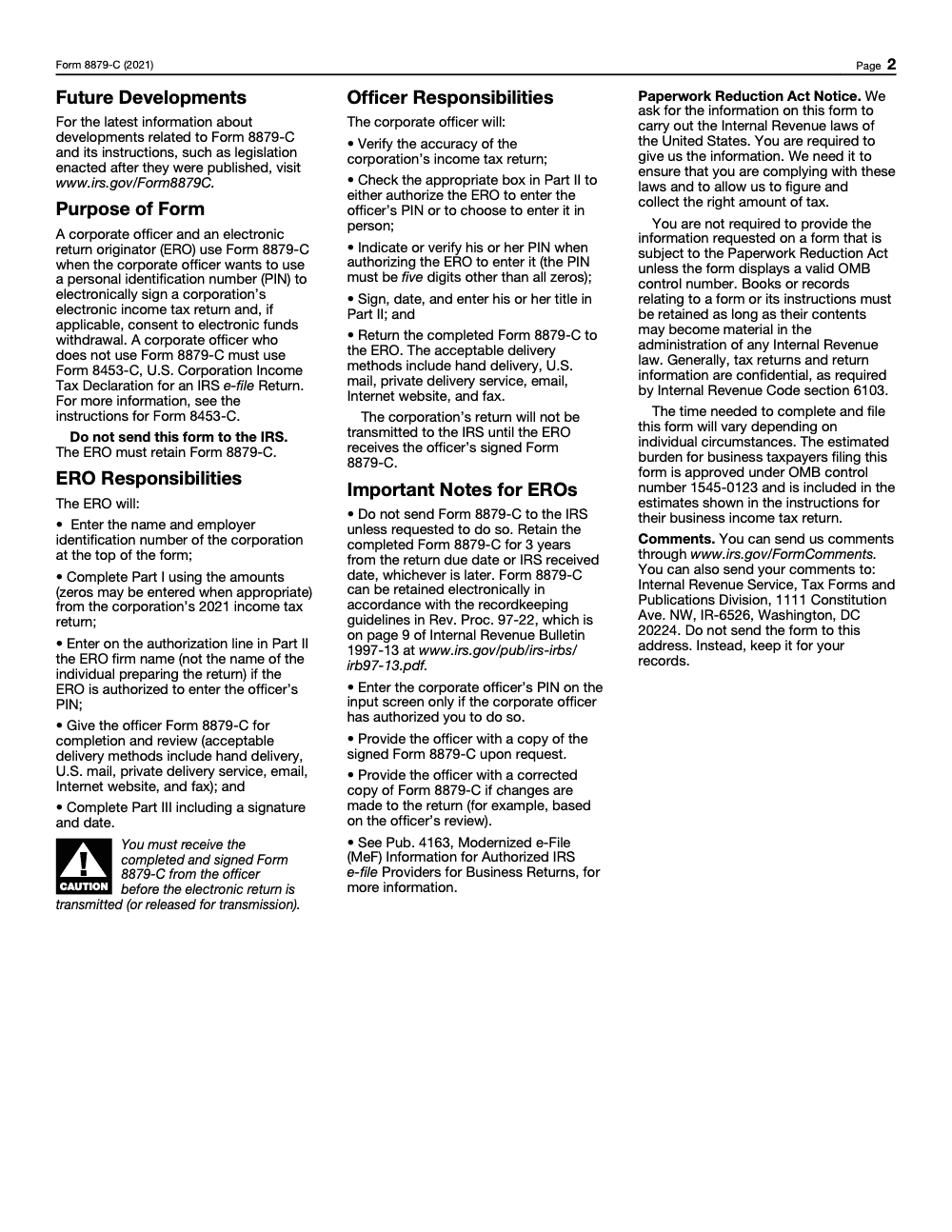Page 2 of 2 of the official IRS Form 8879-C PDF (2021 edition): Parts I, II, III