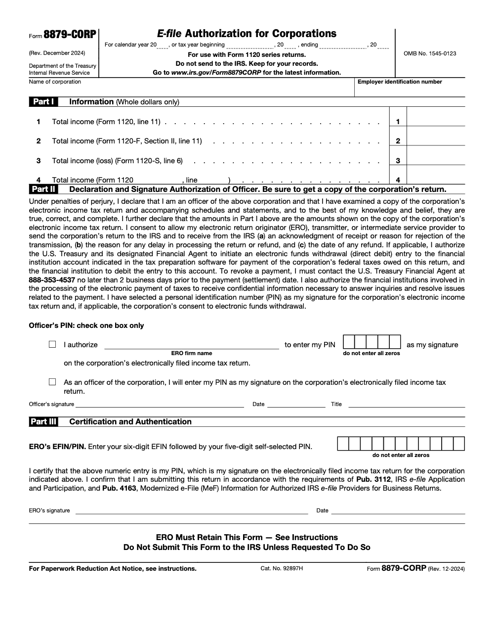 Page 1 of 2 of the official IRS Form 8879-CORP PDF (Rev. December 2024): Parts I, II