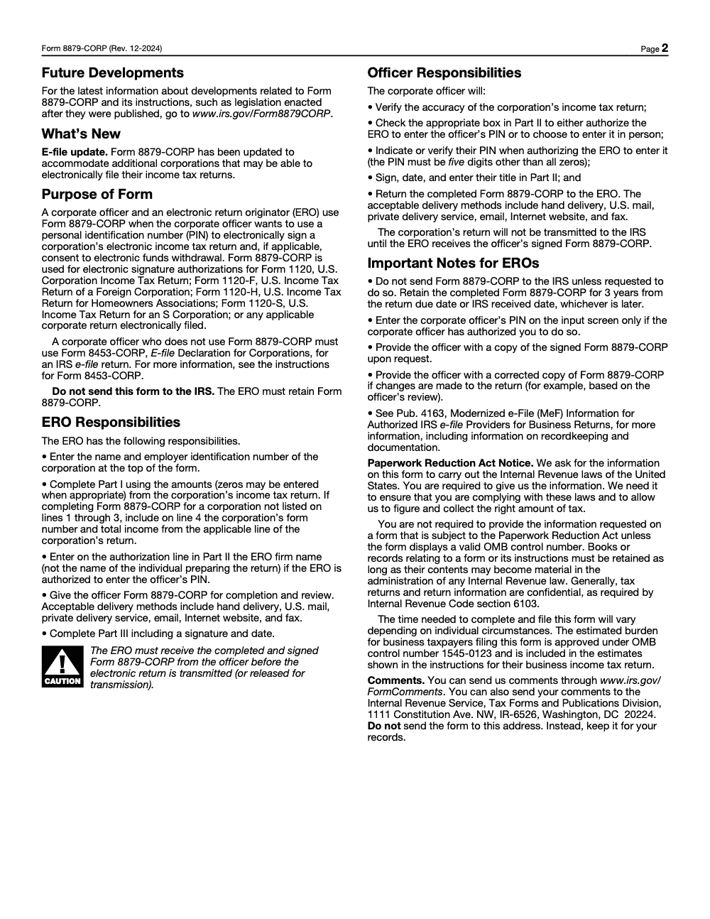 Page 2 of 2 of the official IRS Form 8879-CORP PDF (Rev. December 2024): Parts I, II, III