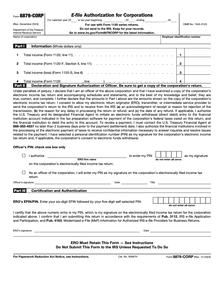 Page 1 of 2 of the official IRS Form 8879-CORP PDF (Rev. December 2024): Parts I, II