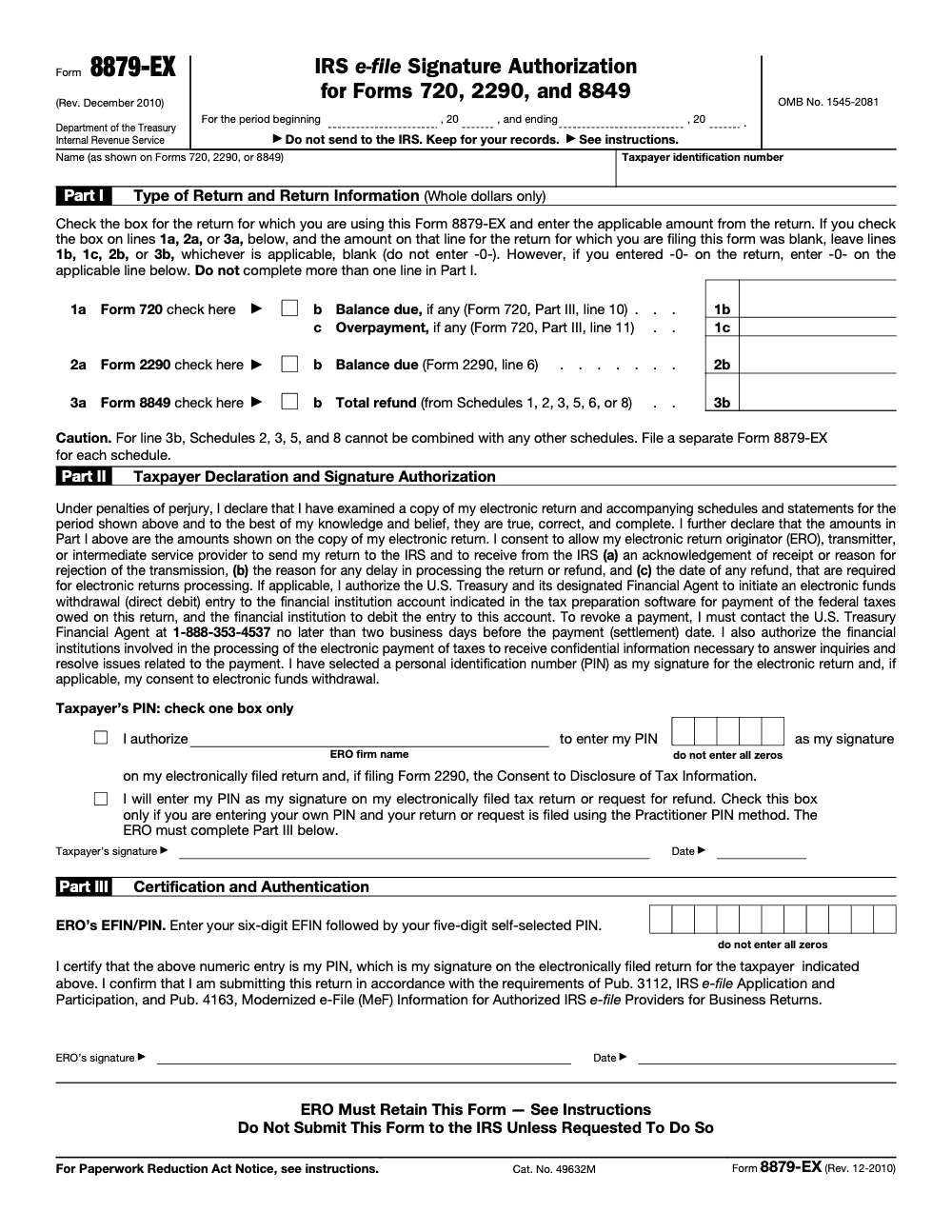 Page 1 of 2 of the official IRS Form 8879‑EX PDF (Rev. December 2010): Parts I, III, II