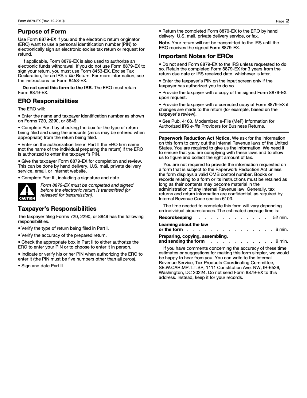 Page 2 of 2 of the official IRS Form 8879‑EX PDF (Rev. December 2010): Parts I, II, III