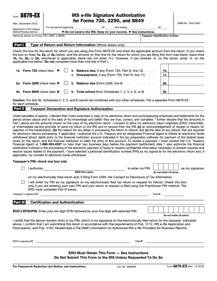 Page 1 of 2 of the official IRS Form 8879‑EX PDF (Rev. December 2010): Parts I, III, II