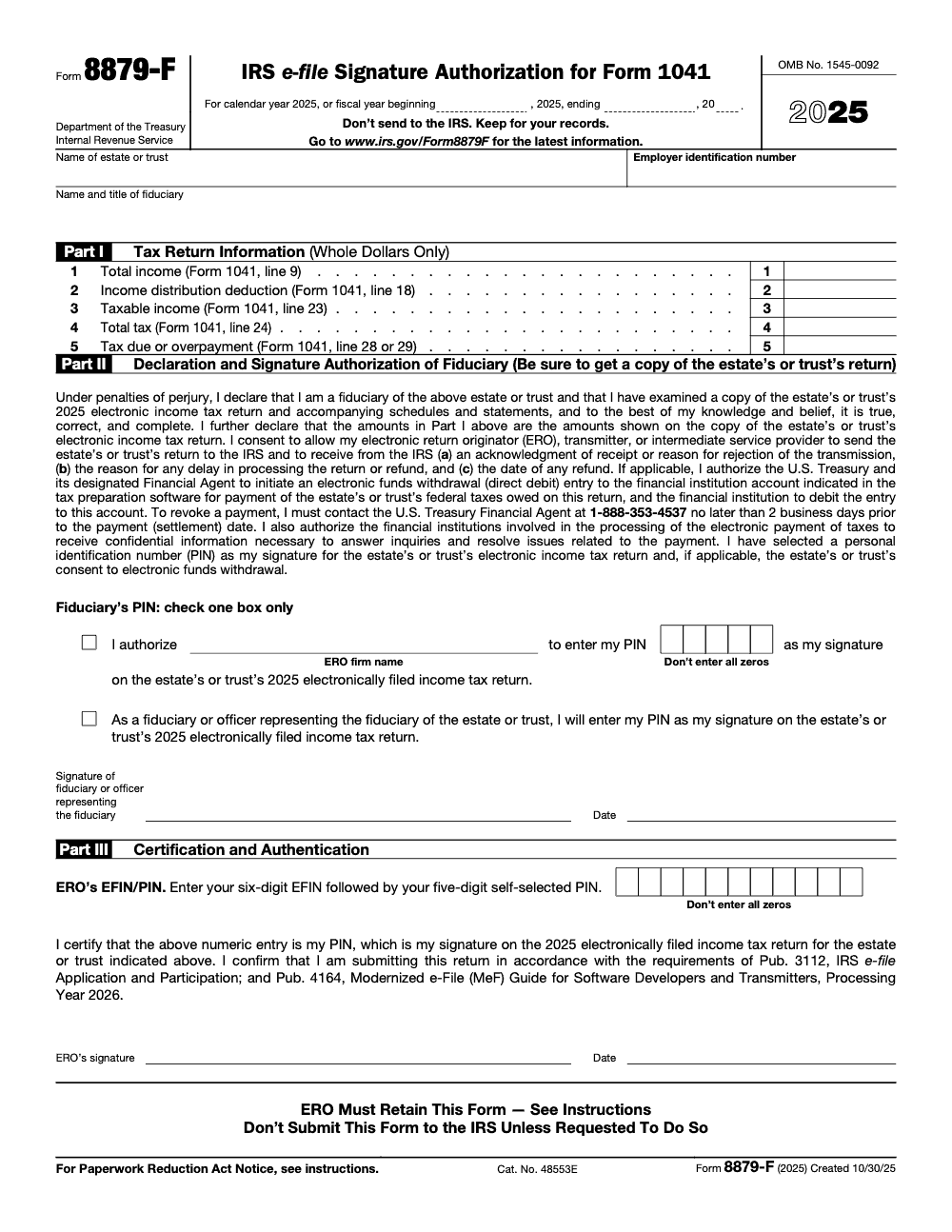 Page 1 of 2 of the official IRS Form 8879‑F PDF (2025 edition): Parts I, II