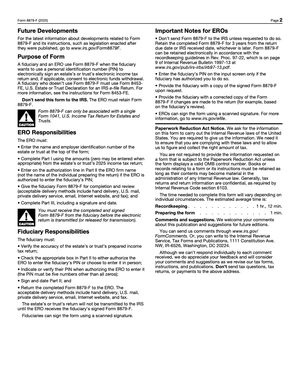 Page 2 of 2 of the official IRS Form 8879‑F PDF (2025 edition): Parts I, II, III