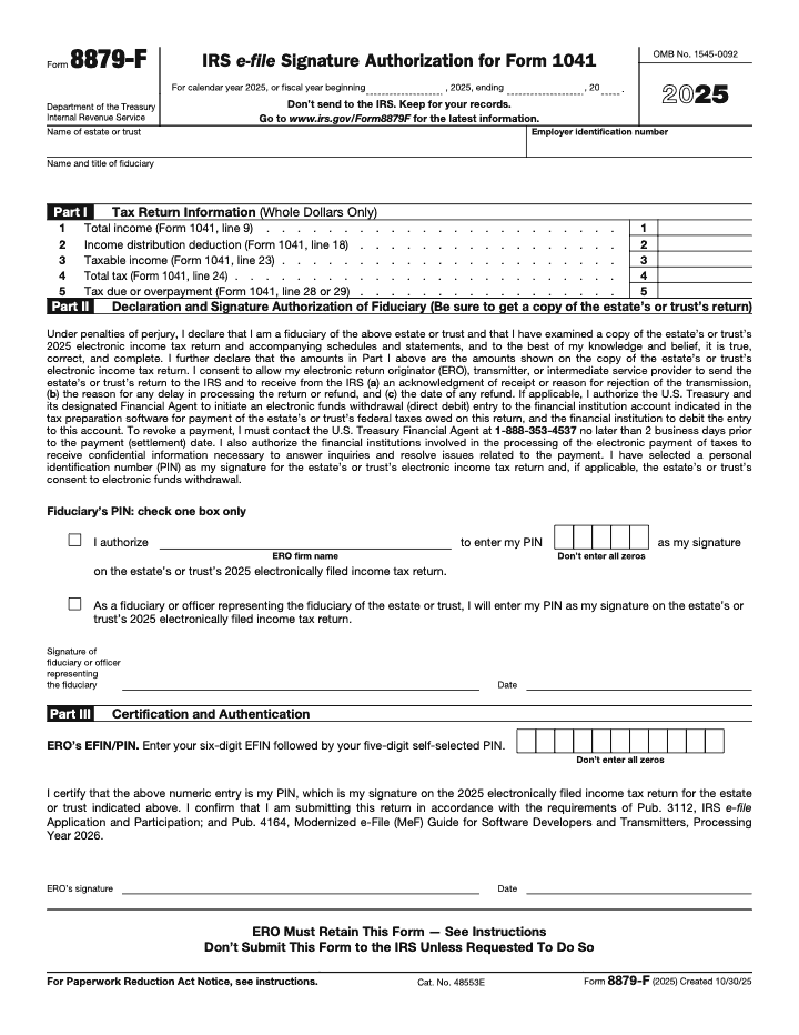 Page 1 of 2 of the official IRS Form 8879‑F PDF (2025 edition): Parts I, II