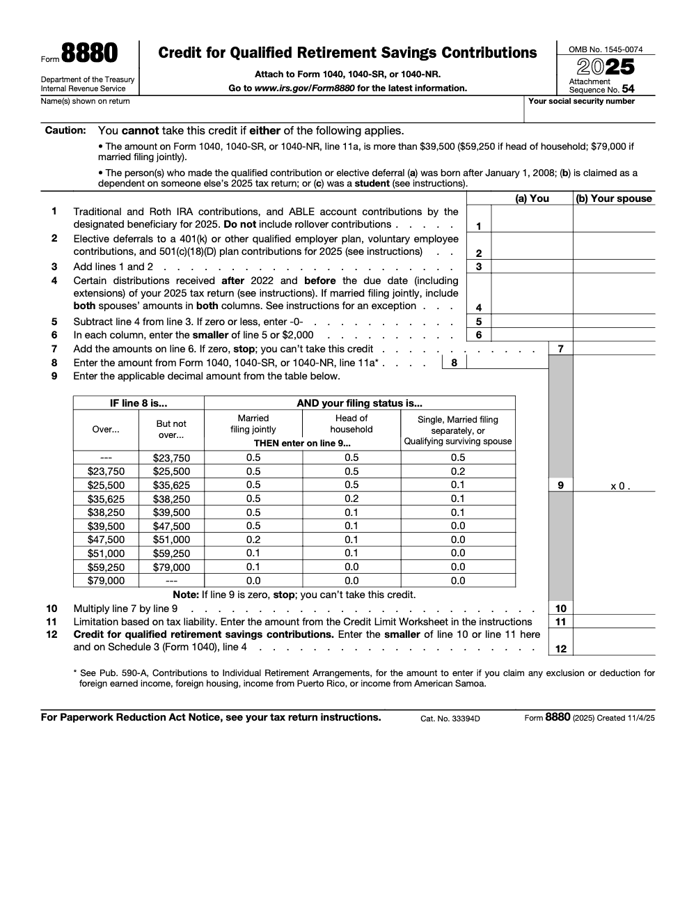 Page 1 of 2 of the official IRS Form 8880 PDF (2025 edition)