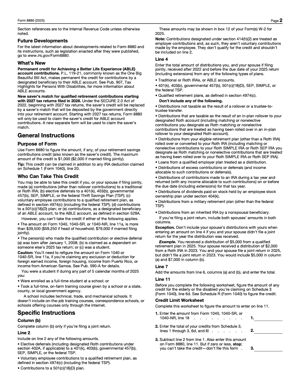 Page 2 of 2 of the official IRS Form 8880 PDF (2025 edition): instructions