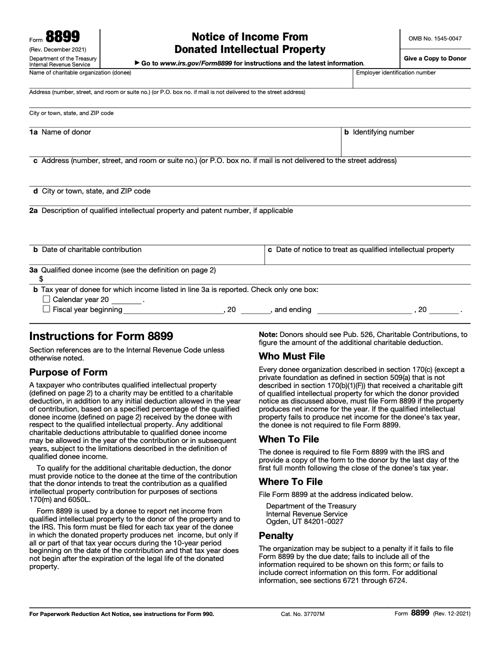 Page 1 of 2 of the official IRS Form 8899 PDF (Rev. December 2021)