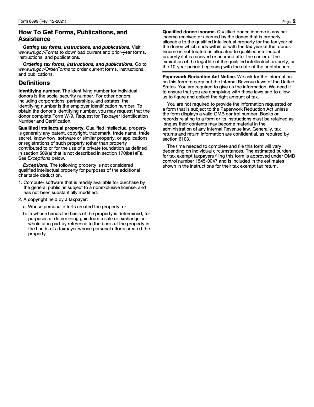 Page 2 of 2 of the official IRS Form 8899 PDF (Rev. December 2021)
