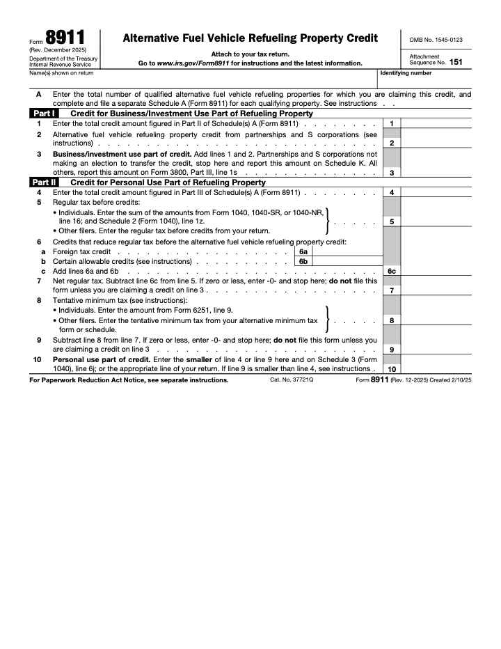 Page 1 of 1 of the official IRS Form 8911 PDF (Rev. December 2025): Parts I, II, III