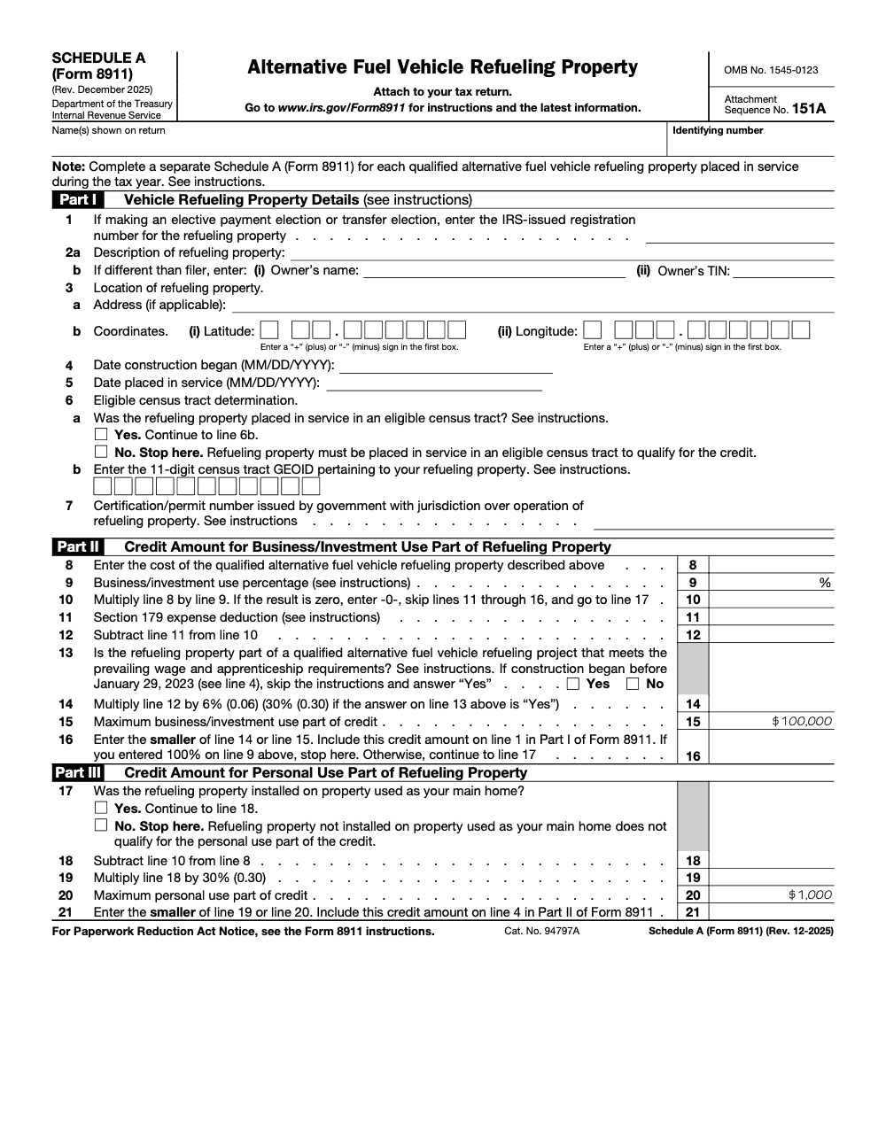 Page 1 of 1 of the official IRS Form 8911 Schedule A PDF (Rev. December 2025): Parts I, II