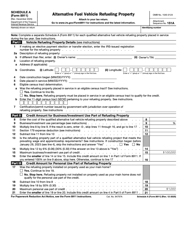 Page 1 of 1 of the official IRS Form 8911 Schedule A PDF (Rev. December 2025): Parts I, II