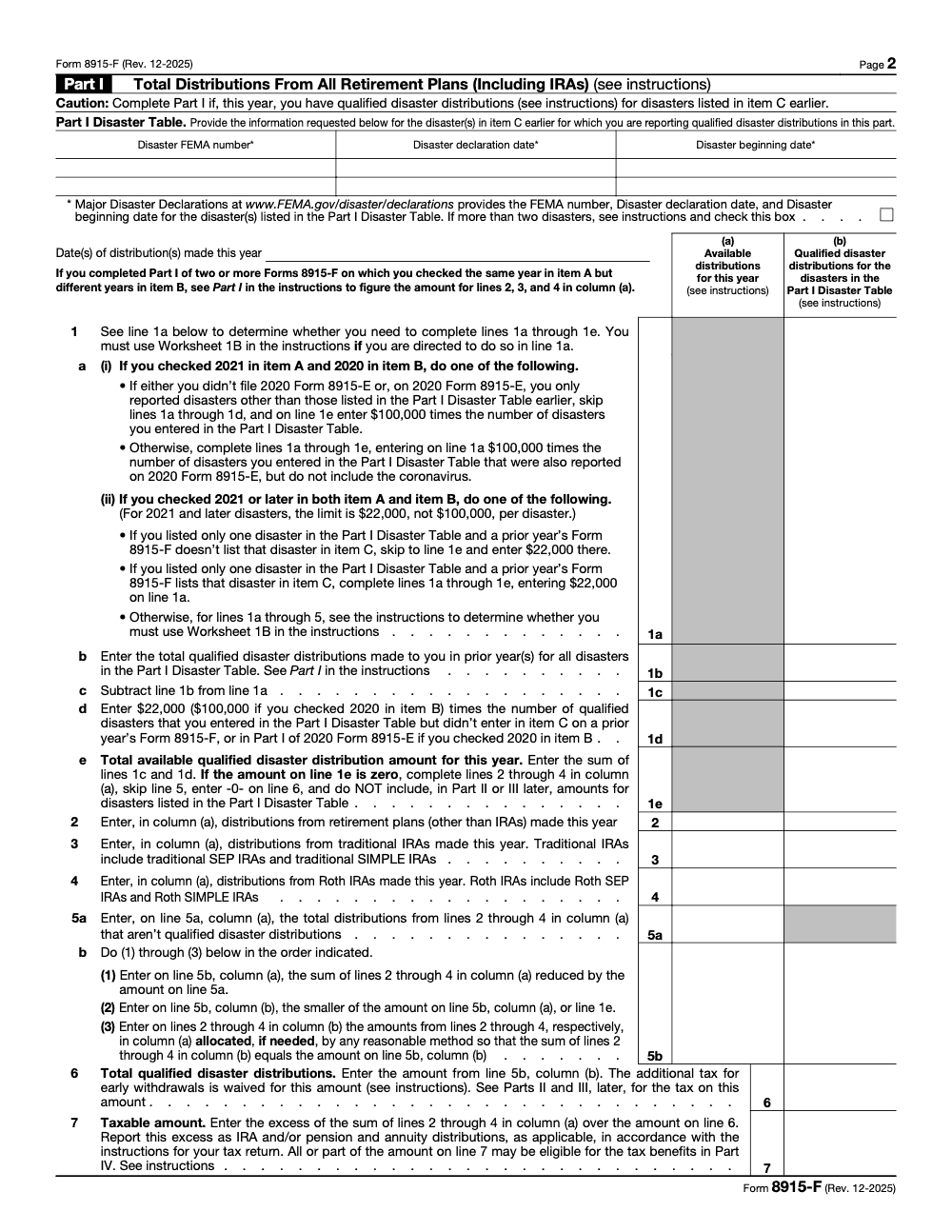 Page 2 of 4 of the official IRS Form 8915-F PDF (Rev. December 2025): Part I