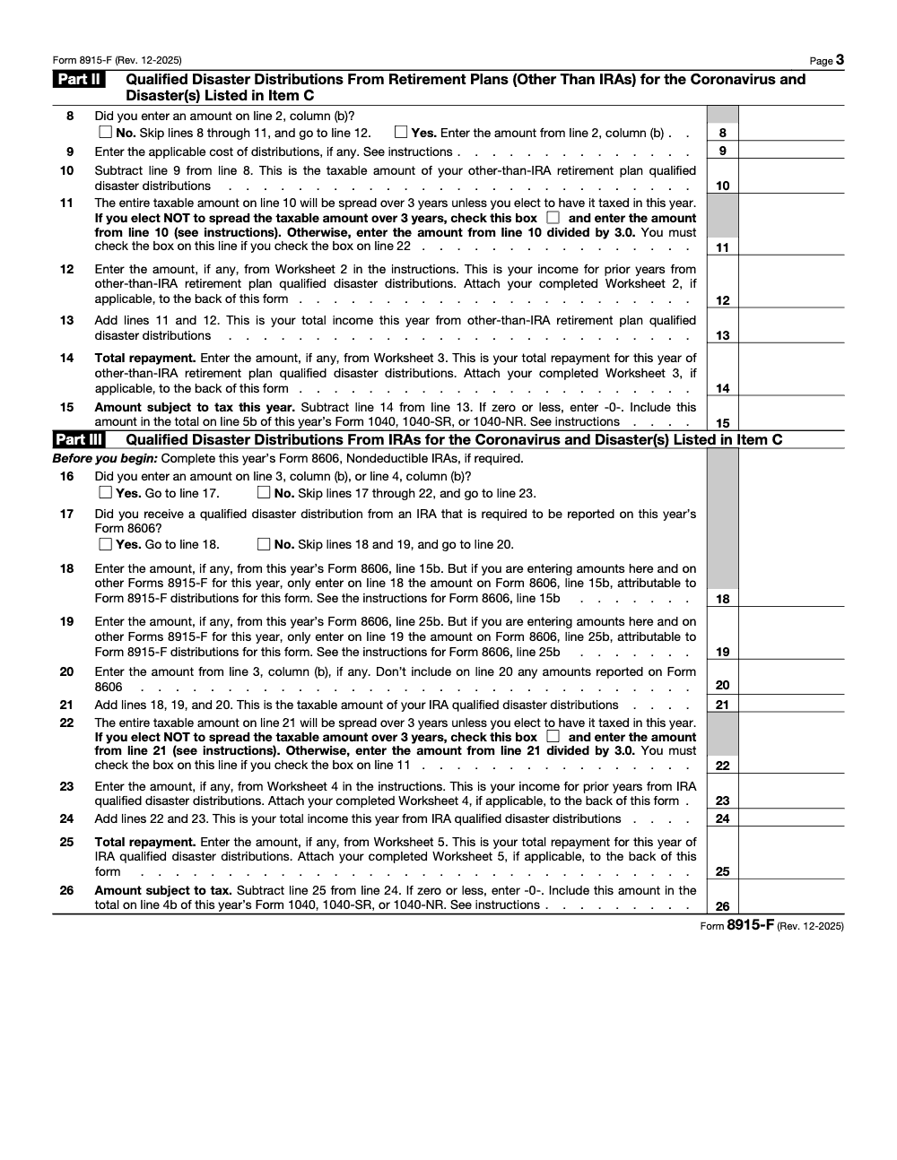 Page 3 of 4 of the official IRS Form 8915-F PDF (Rev. December 2025): Parts II, III