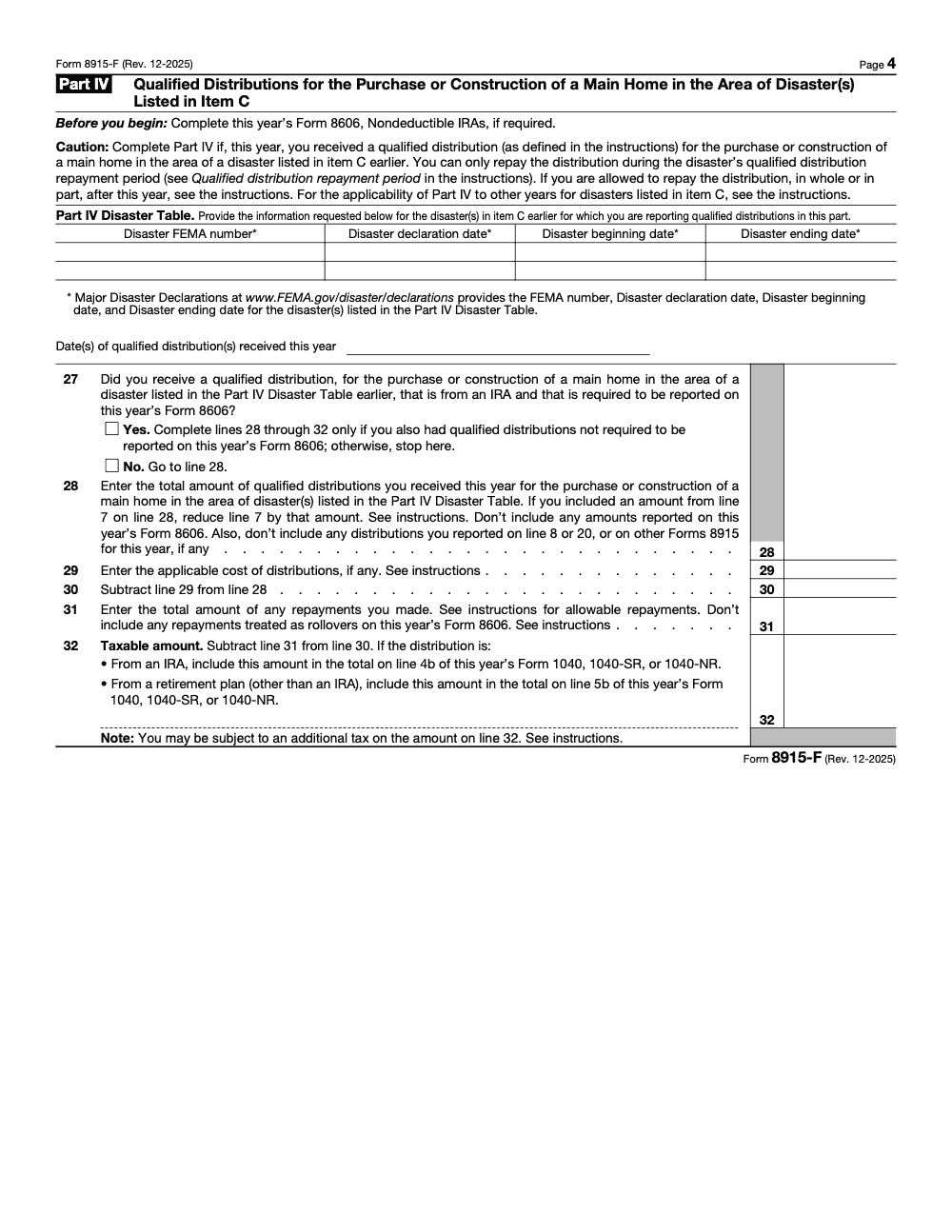 Page 4 of 4 of the official IRS Form 8915-F PDF (Rev. December 2025): Part IV