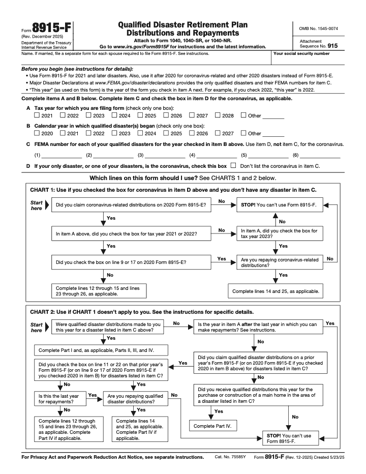 Page 1 of 4 of the official IRS Form 8915-F PDF (Rev. December 2025)