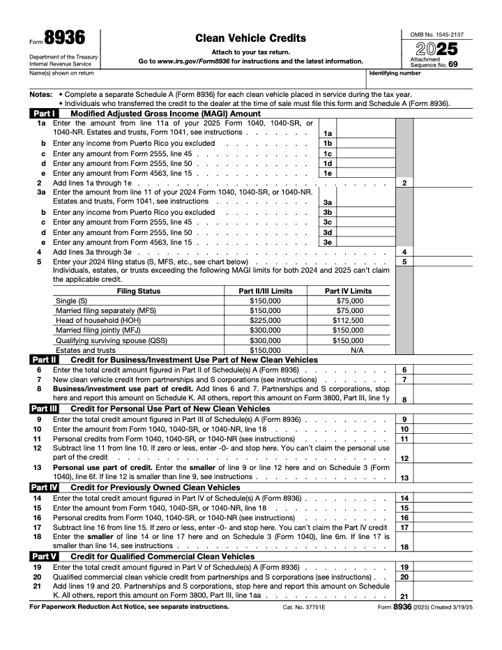 Page 1 of 1 of the official IRS Form 8936 PDF (2025 edition): Parts I, II, IV