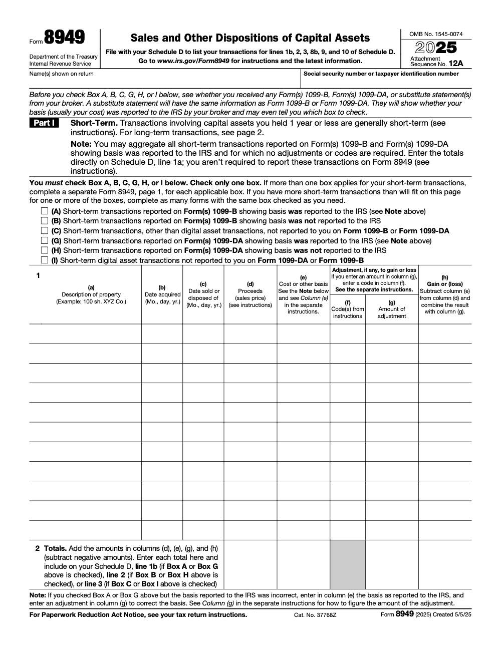 Page 1 of 2 of the official IRS Form 8949 PDF (2025 edition): Part I