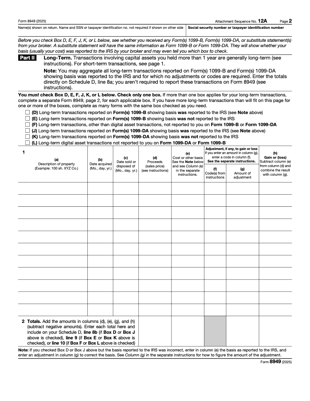 Page 2 of 2 of the official IRS Form 8949 PDF (2025 edition): Part II