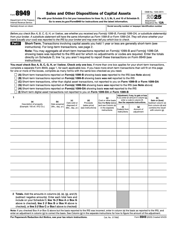 Page 1 of 2 of the official IRS Form 8949 PDF (2025 edition): Part I