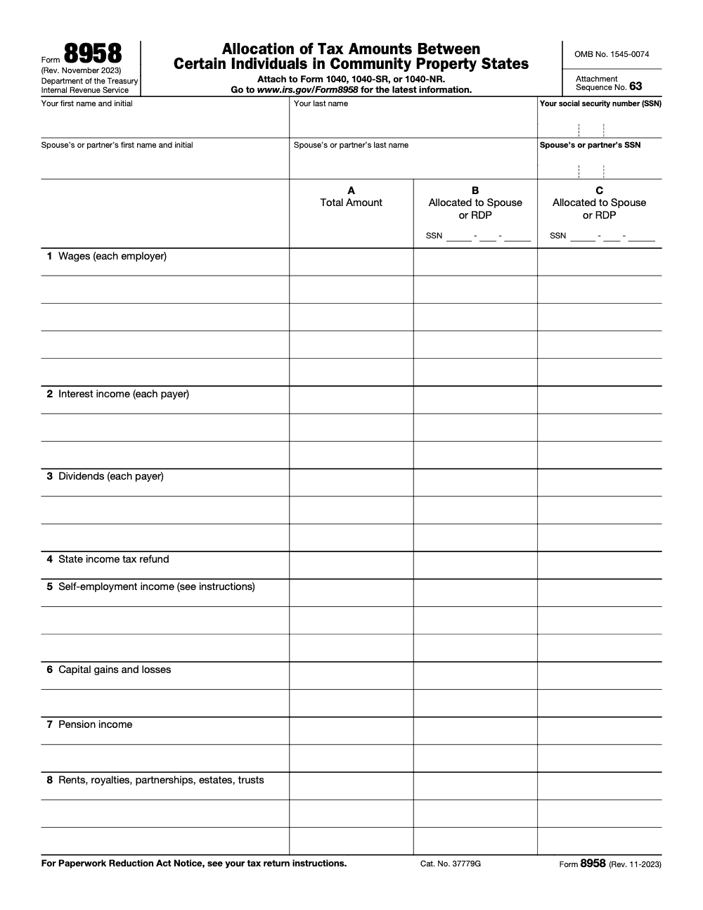 Page 1 of 4 of the official IRS IRS Form 8958 PDF (Rev. November 2023)
