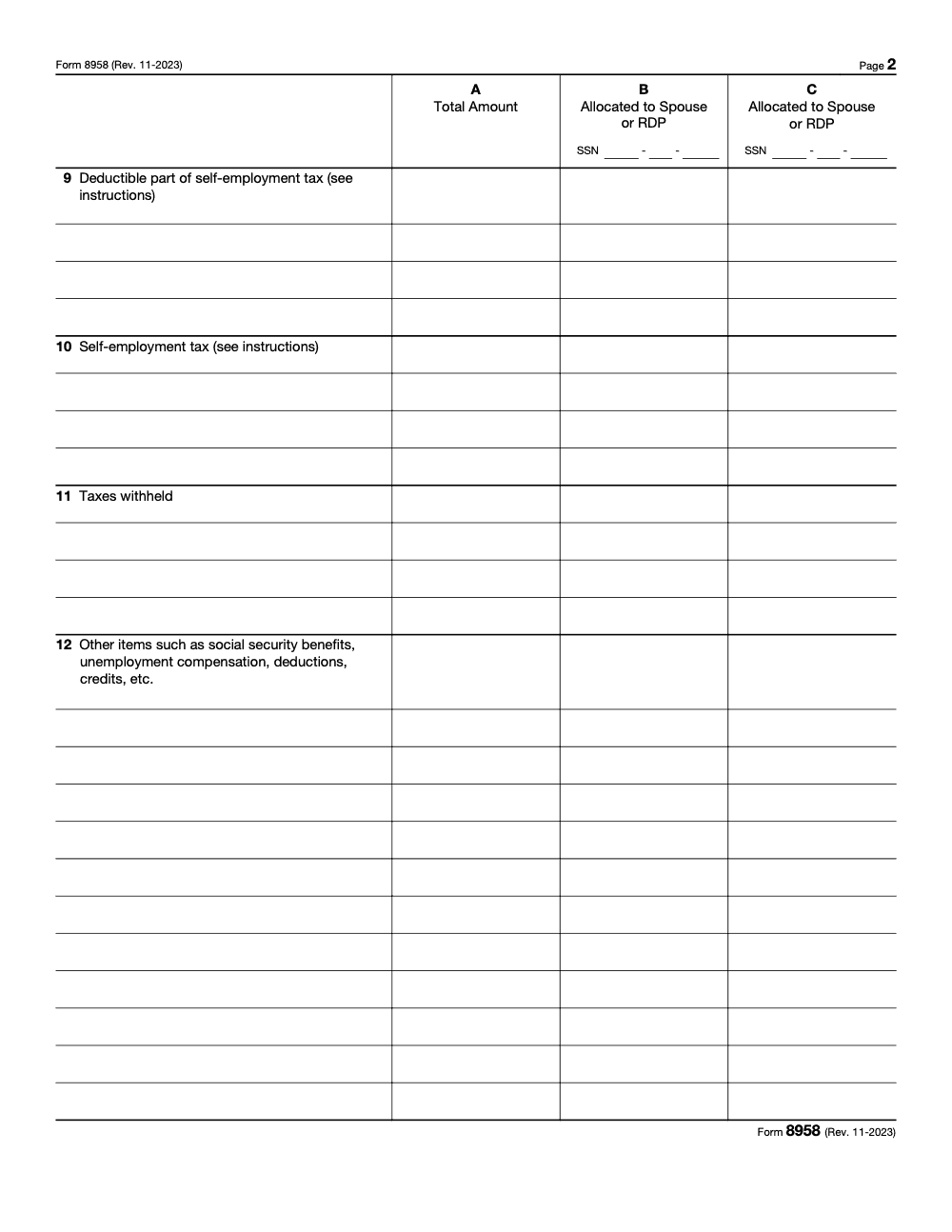 Page 2 of 4 of the official IRS IRS Form 8958 PDF (Rev. November 2023)