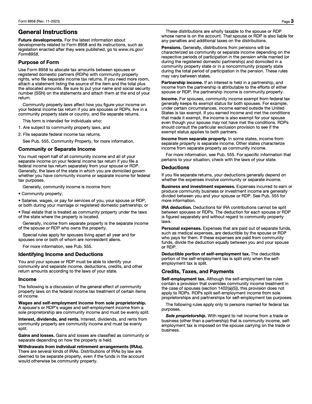 Page 3 of 4 of the official IRS IRS Form 8958 PDF (Rev. November 2023): instructions