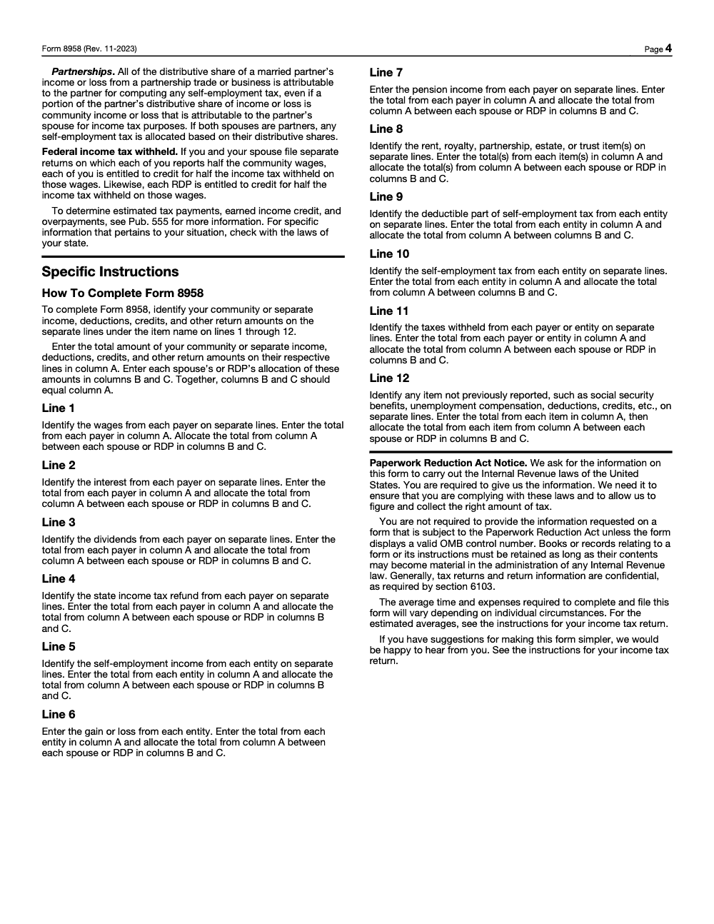 Page 4 of 4 of the official IRS IRS Form 8958 PDF (Rev. November 2023): instructions
