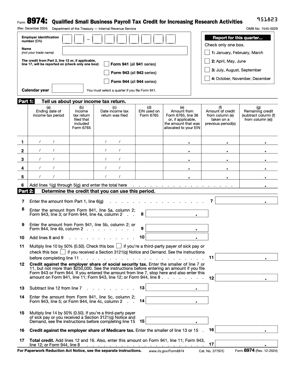 Page 1 of 1 of the official IRS Form 8974 PDF (Rev. December 2024): Parts 2, 1