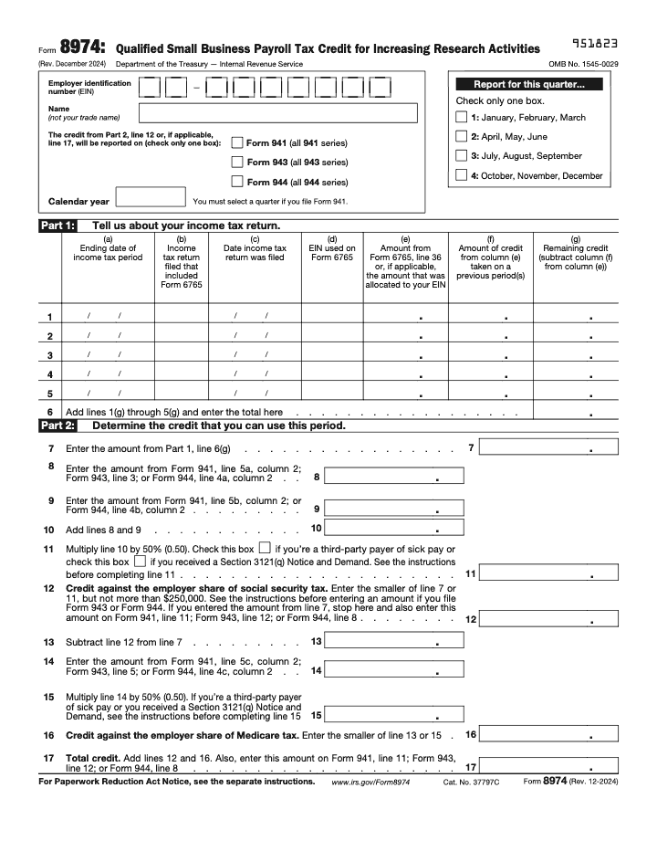Page 1 of 1 of the official IRS Form 8974 PDF (Rev. December 2024): Parts 2, 1