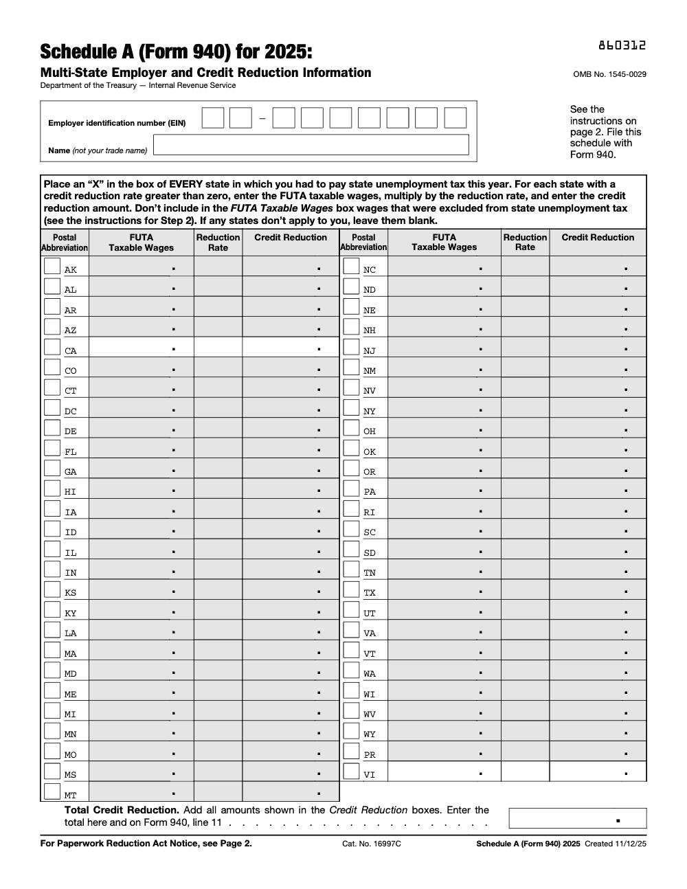 Page 1 of 2 of the official IRS Form 940 Schedule A PDF (2025 edition)