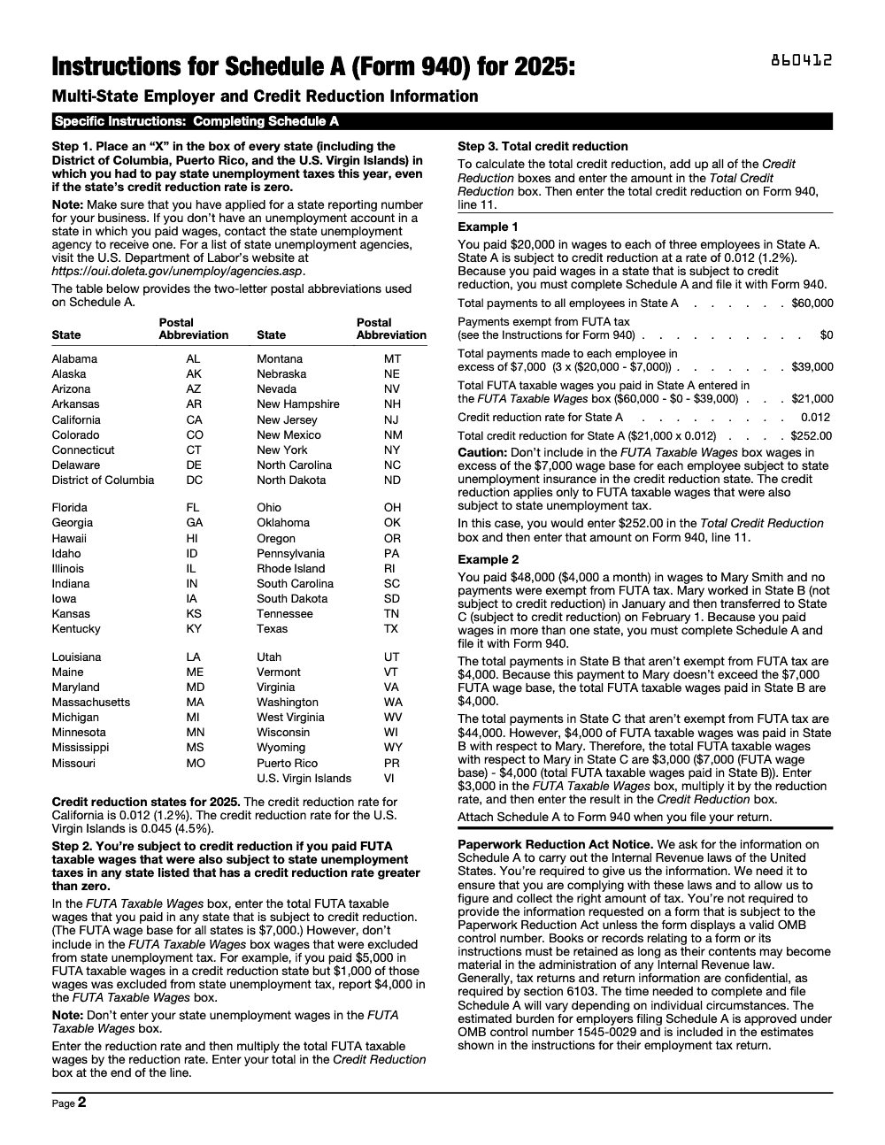 Page 2 of 2 of the official IRS Form 940 Schedule A PDF (2025 edition): instructions