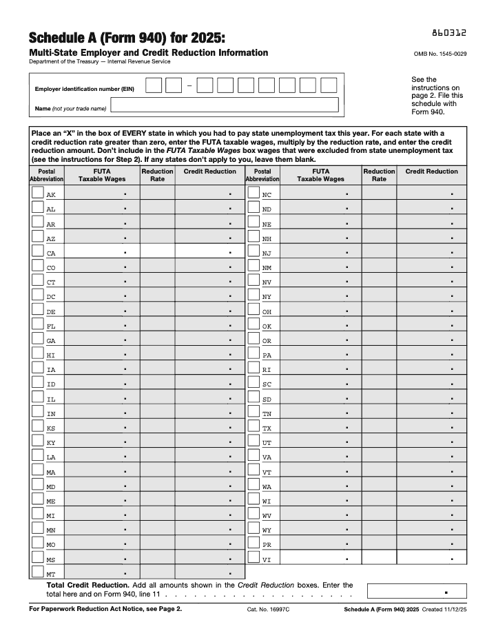 Page 1 of 2 of the official IRS Form 940 Schedule A PDF (2025 edition)
