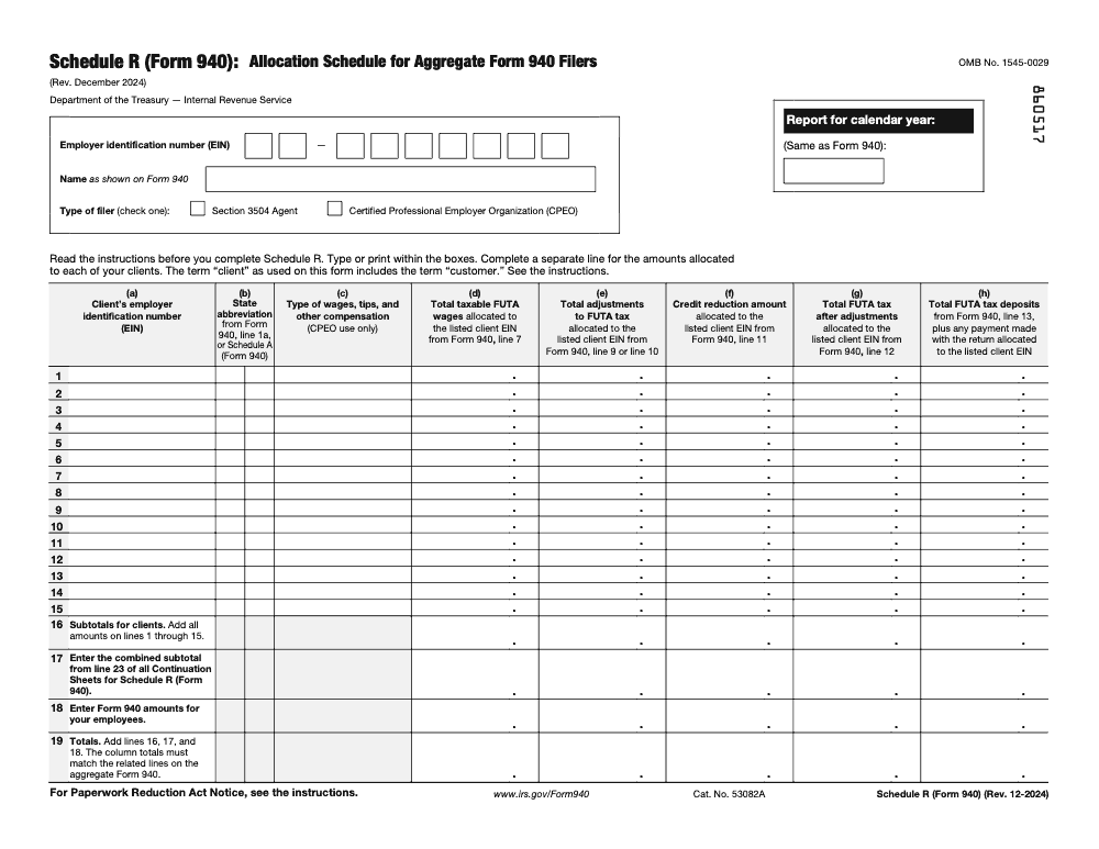 Page 1 of 3 of the official IRS Form 940 Schedule R PDF (Rev. December 2024)