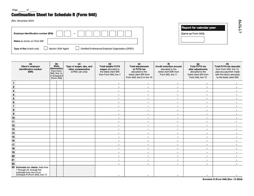 Page 2 of 3 of the official IRS Form 940 Schedule R PDF (Rev. December 2024)
