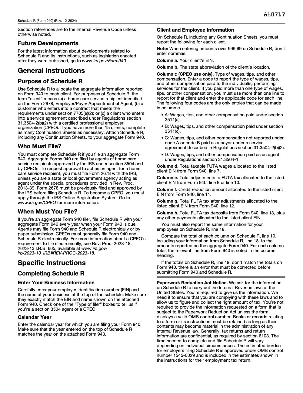 Page 3 of 3 of the official IRS Form 940 Schedule R PDF (Rev. December 2024): instructions