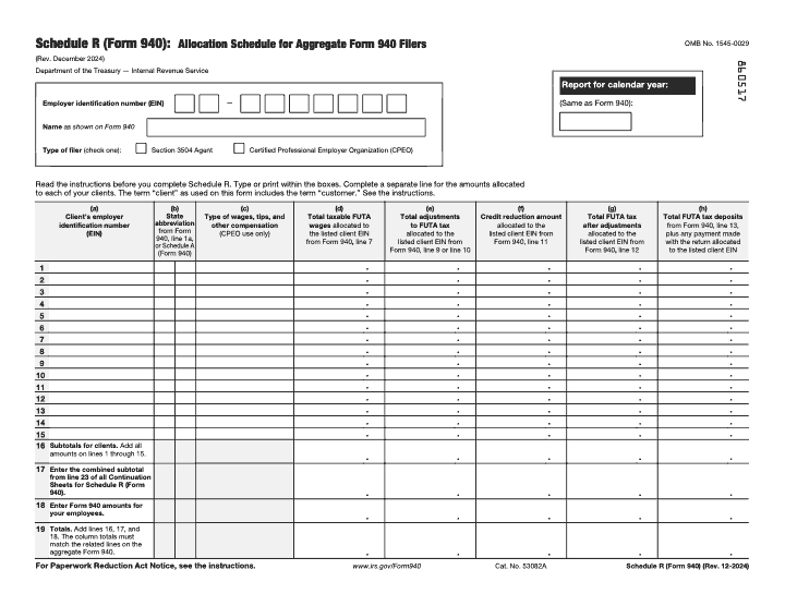 Page 1 of 3 of the official IRS Form 940 Schedule R PDF (Rev. December 2024)